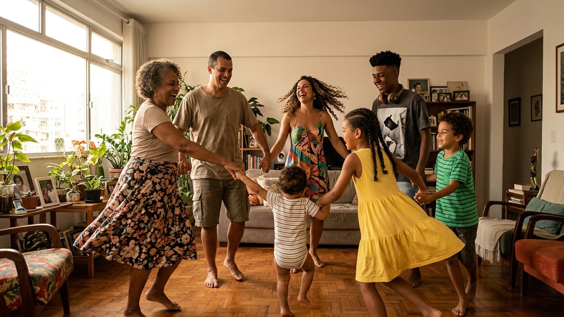 Uma família de sete pessoas de idades diferentes dançando uma ciranda em roda larga numa sala grande e ensolarada, com piso de madeira e plantas: avó, mãe, pai, um adolescente com fone no pescoço, uma menina de uns nove anos, um menino de uns sete anos e um bebê de mãos dadas. Todos rindo alto, em movimento, luz dourada de fim de tarde entrando pela janela.