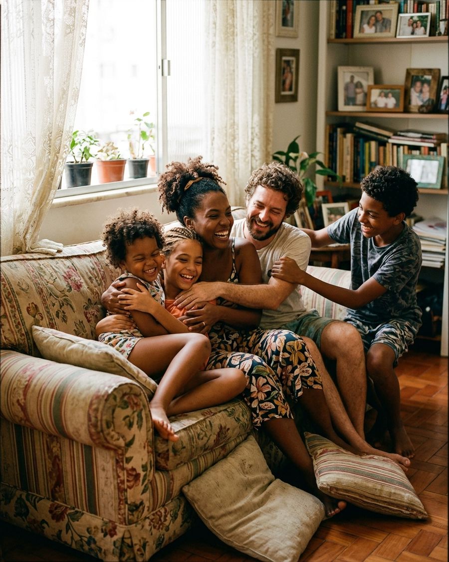 Uma mãe e um pai abraçados com os três filhos num sofá gasto, todos rindo muito; o caçula por cima do monte, um adolescente fingindo fugir do abraço mas sorrindo, almofadas fora do lugar.