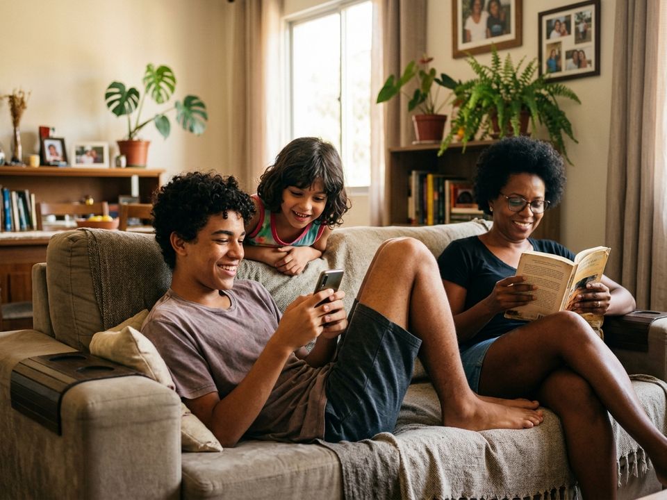Um adolescente esparramado no sofá com o celular na mão, sorrindo para a tela, enquanto um irmão mais novo espia por cima do ombro e um adulto lê um livro relaxado na outra ponta do sofá.