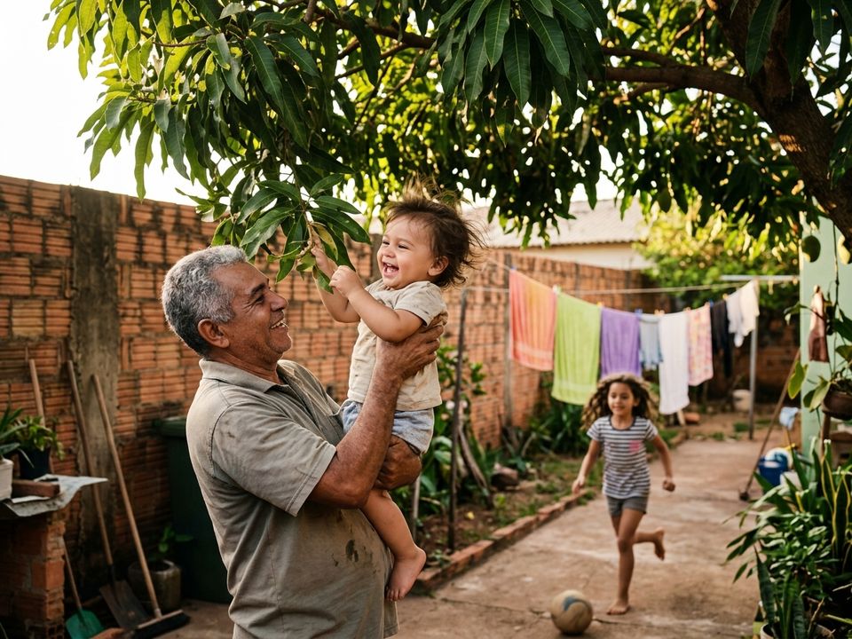 Um avô no quintal, perto de uma mangueira e um varal, erguendo um bebê encantado em direção a um galho baixo, os dois rindo; uma menina de uns sete anos passa correndo com uma bola.