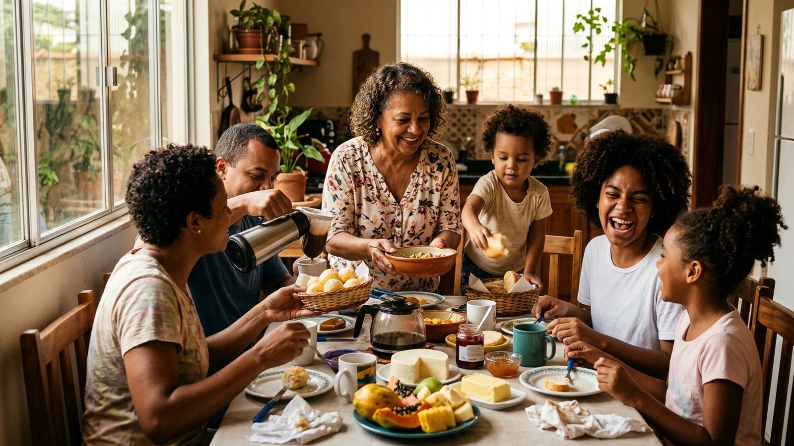 Uma mesa de café da manhã cheia numa casa brasileira: seis pessoas passando pão e servindo café, uma criança em pé na cadeira alcançando a mesa, um adolescente rindo de algo que o irmão disse, uma avó no meio servindo todo mundo.