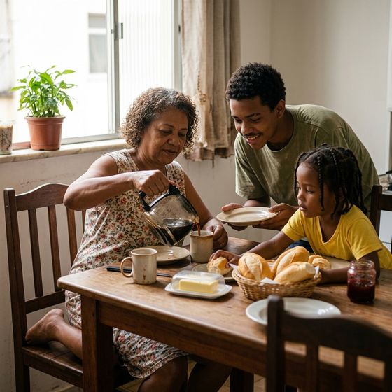 Uma avó e dois netos, uma criança e um adolescente, à mesa da cozinha de manhã, servindo o café juntos.