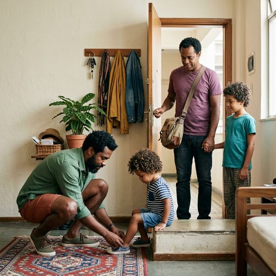 Dois pais saindo de casa com os dois filhos: um se abaixa para amarrar o sapato do menor, o outro segura a mão do mais velho.
