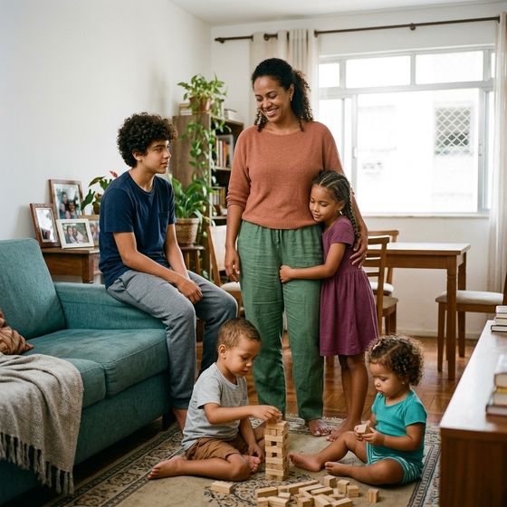 Uma mãe em pé no meio da sala, com quatro filhos de idades diferentes em volta, cada um na sua coisa.