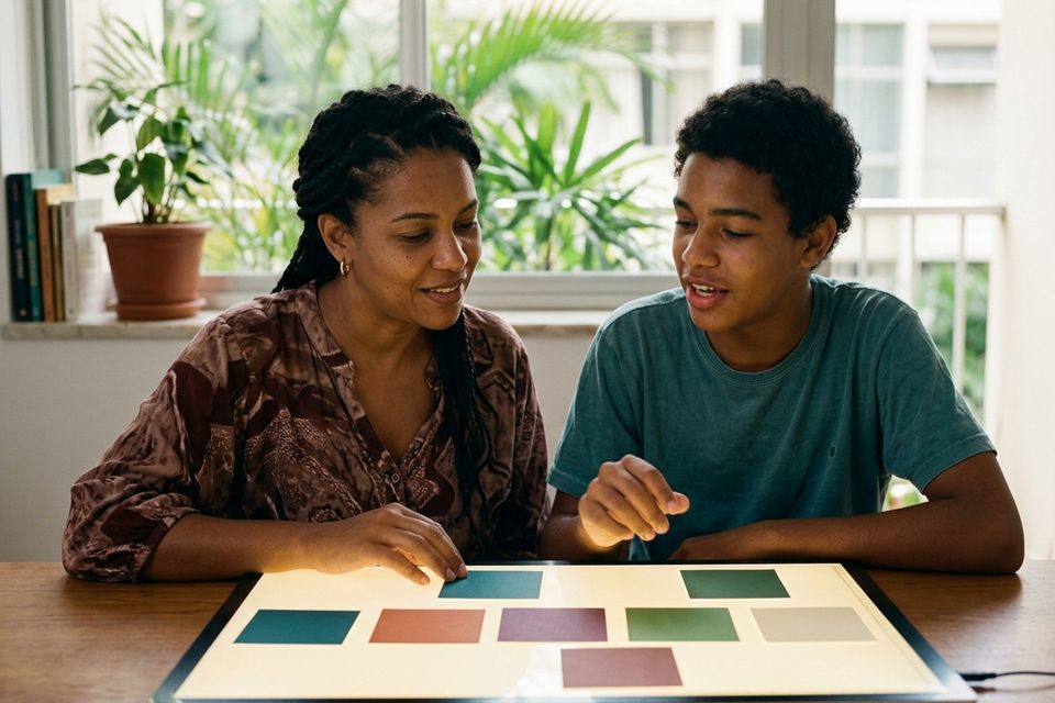 Uma adolescente e um adulto lado a lado à mesa, organizando cartões coloridos na ordem do dia.