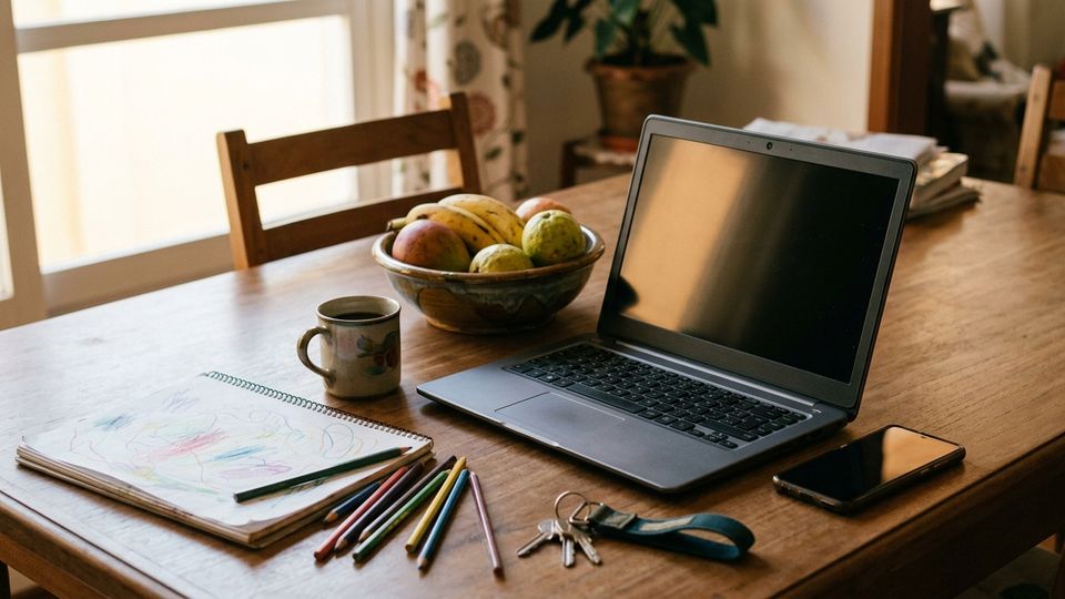 A mesa de uma casa com um computador portátil e um celular, os dois com a tela apagada, ao lado de uma caneca, uma fruteira e um bloco de desenho.
