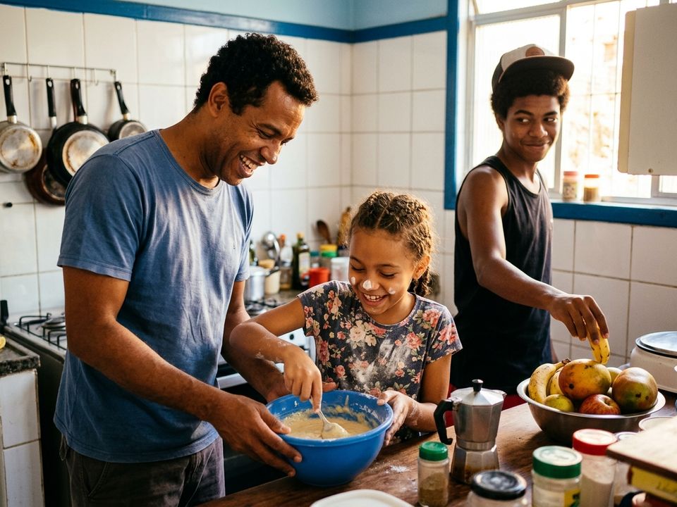 Um pai e a filha de uns nove anos cozinhando juntos numa cozinha pequena, ela com farinha no nariz mexendo uma tigela que ele segura, os dois rindo; ao fundo um irmão adolescente rouba uma fruta da fruteira.