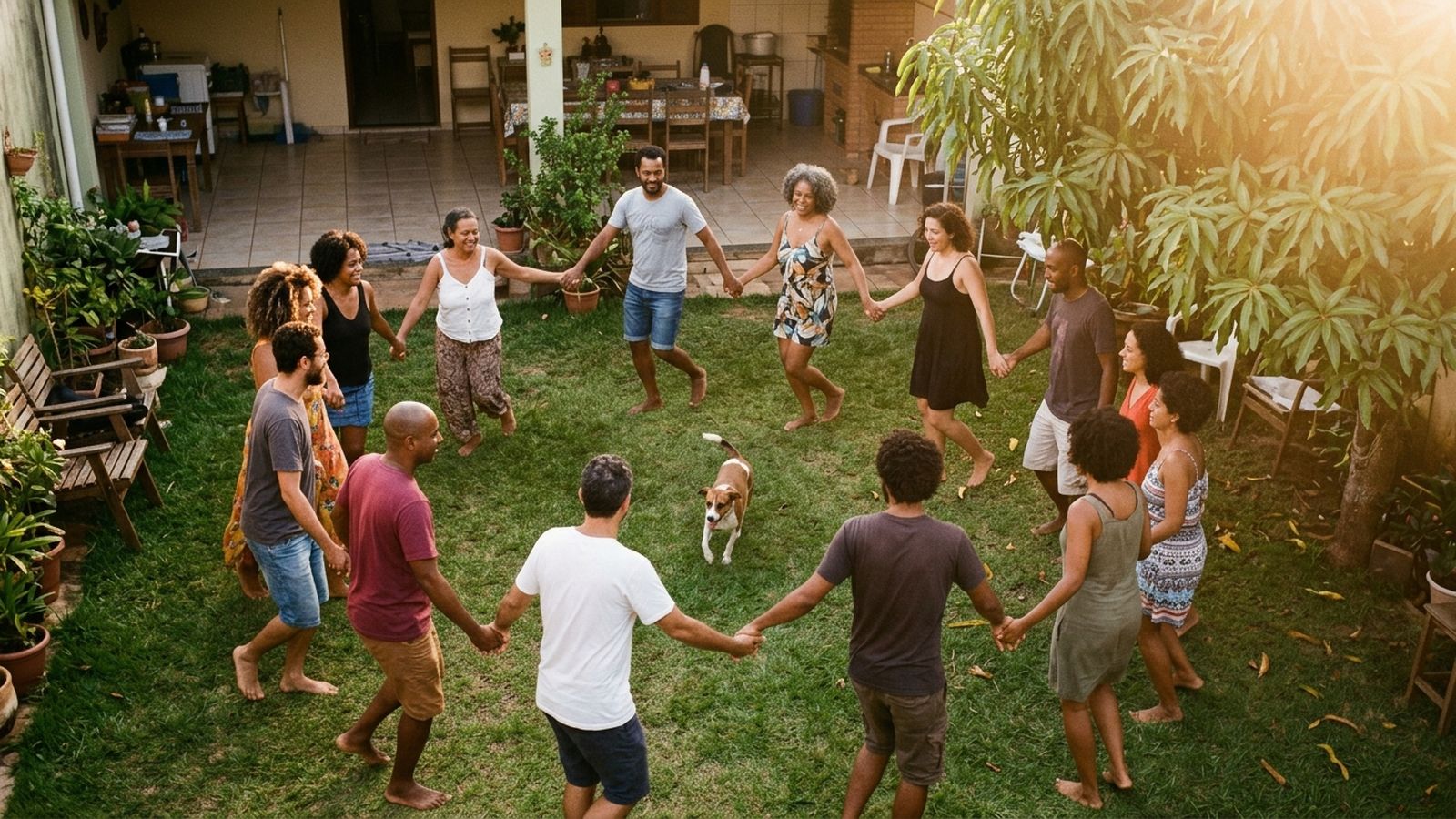 Uma família grande e alguns vizinhos dançando uma ciranda descalços na grama do quintal ao entardecer, mãos dadas numa roda larga, um cachorro pequeno correndo pelo meio, todos rindo, vistos um pouco de cima.